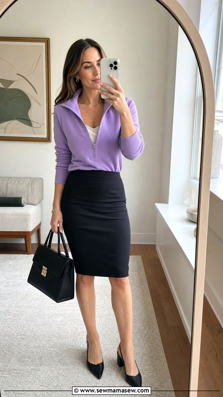 Quarter Zip Pullover With Pencil Skirt And Heels - 25 spring business meets athletic outfit ideas