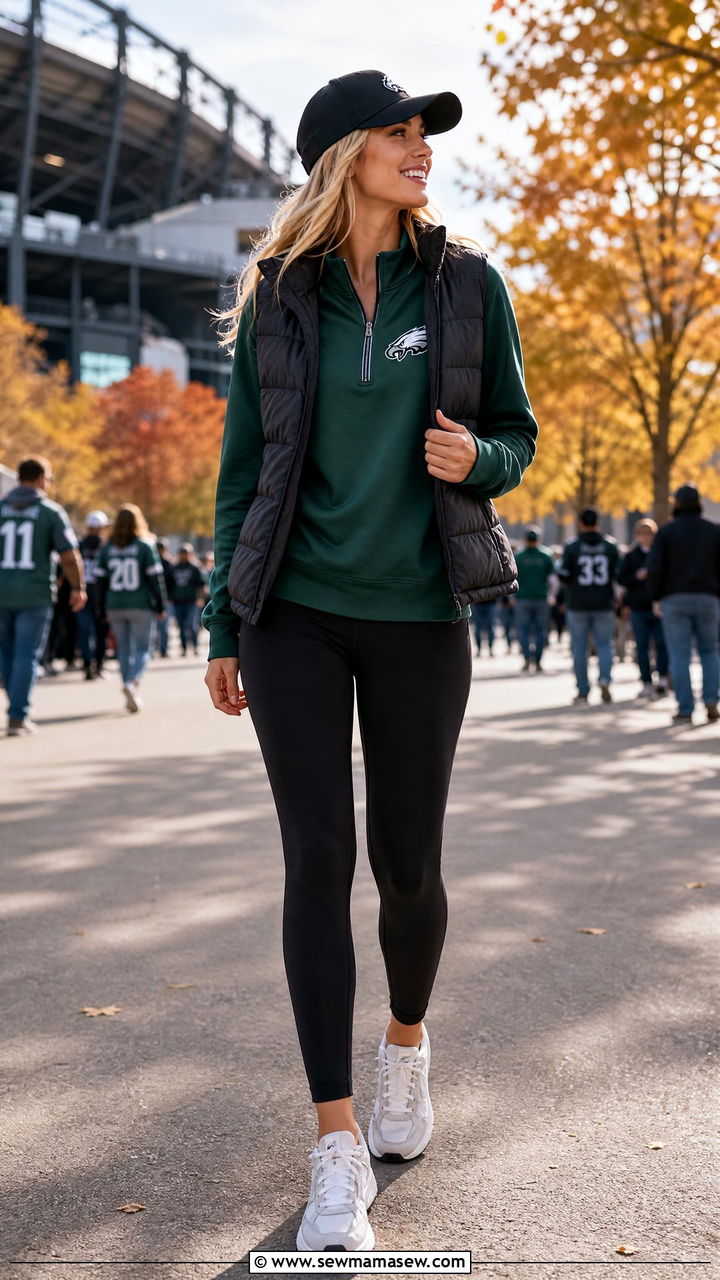 Quarter Zip Pullover with Leggings and a Team Puffer Vest - 25 Gameday outfit ideas NFL