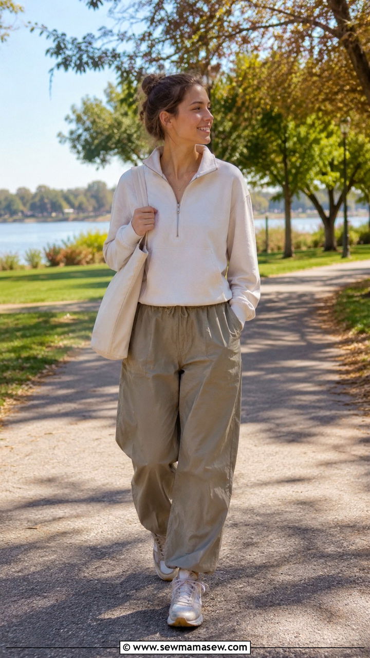 Quarter Zip Pullover with Parachute Pants and Retro Runners - 30 sporty chic outfits to copy