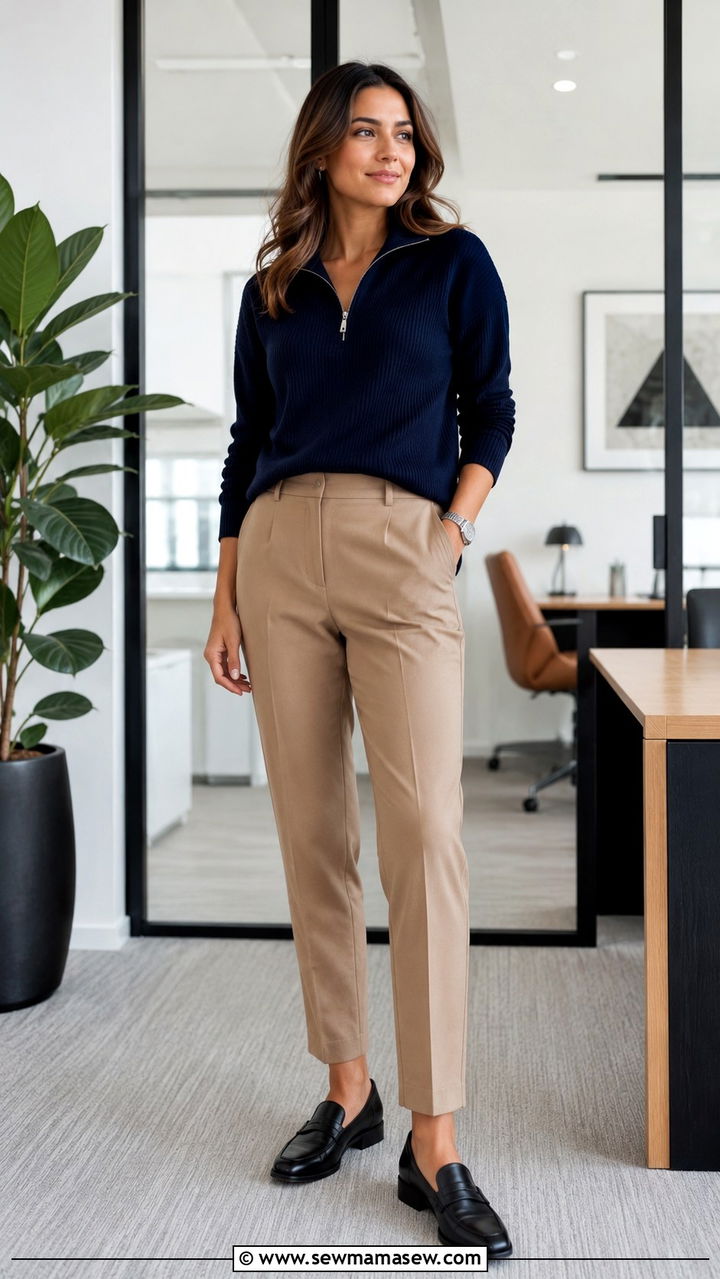 Quarter Zip Sweater With Tailored Trousers Outfit - 30 Office outfits for Gen Z