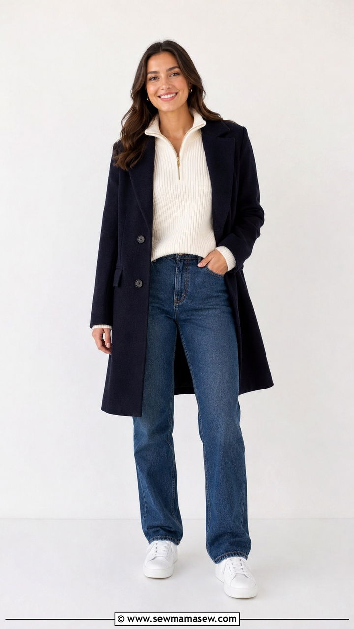 Quarter Zip Sweater and Straight Leg Jeans Outfit - 30 NFL game outfit ideas