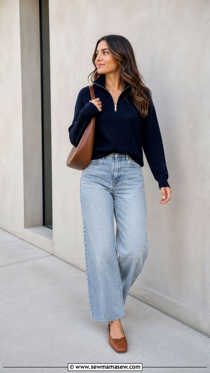 Quarter Zip Sweater with Barrel Leg Jeans - 40 Cozy spring outfits