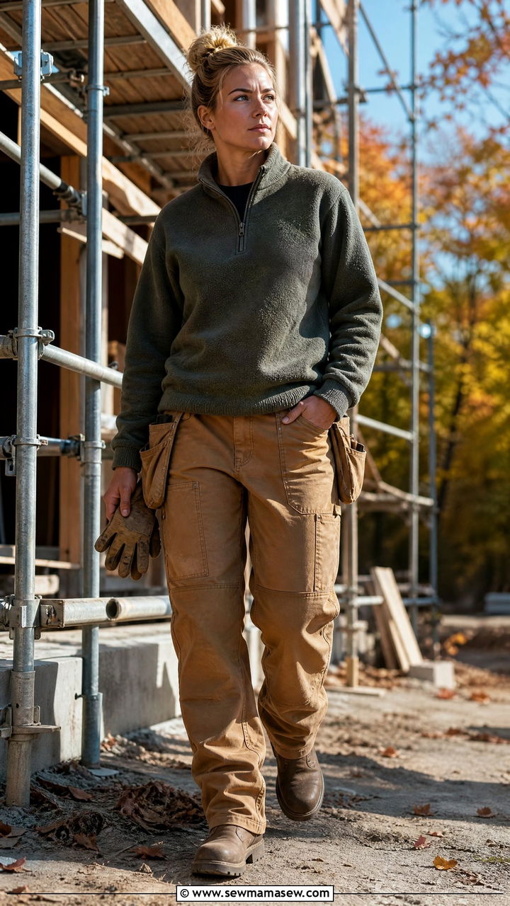 Quarter Zip Sweater with Canvas Work Pants and Rugged Boots - 30 Construction site outfit ideas for women