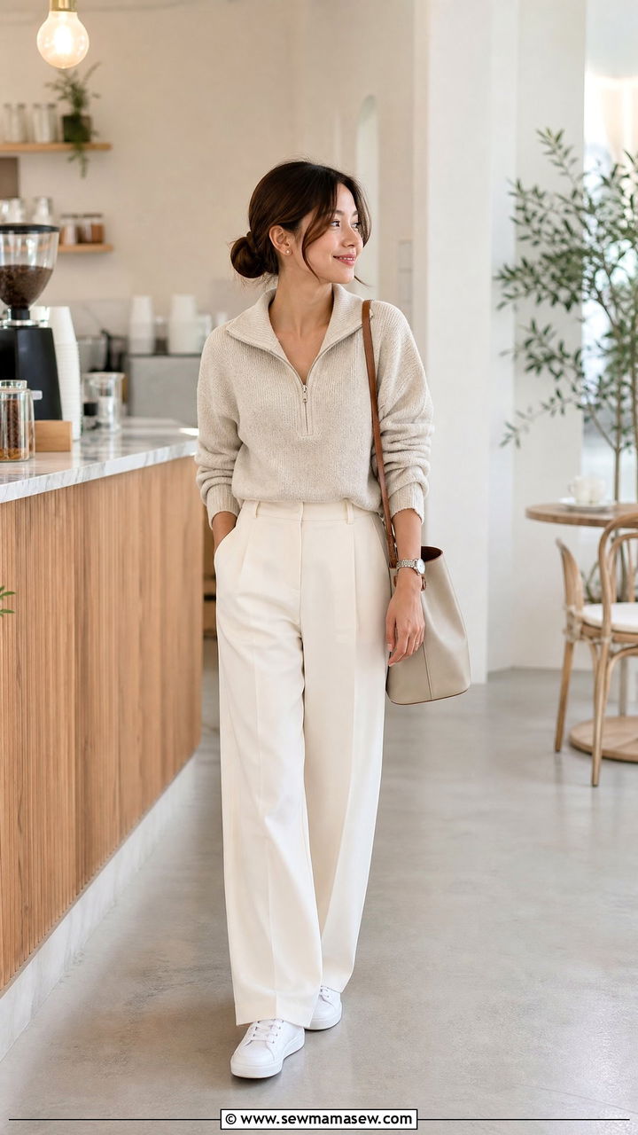 Quarter Zip Sweater with High Waisted Wide Leg Trousers - 30 Clean girl outfits for petite women