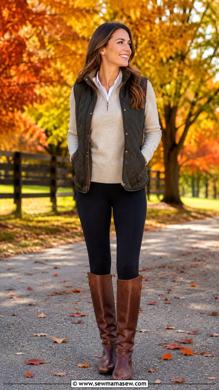 Quarter Zip With Leggings And Riding Boots Outfit - 25 Quarter zip outfit ideas preppy
