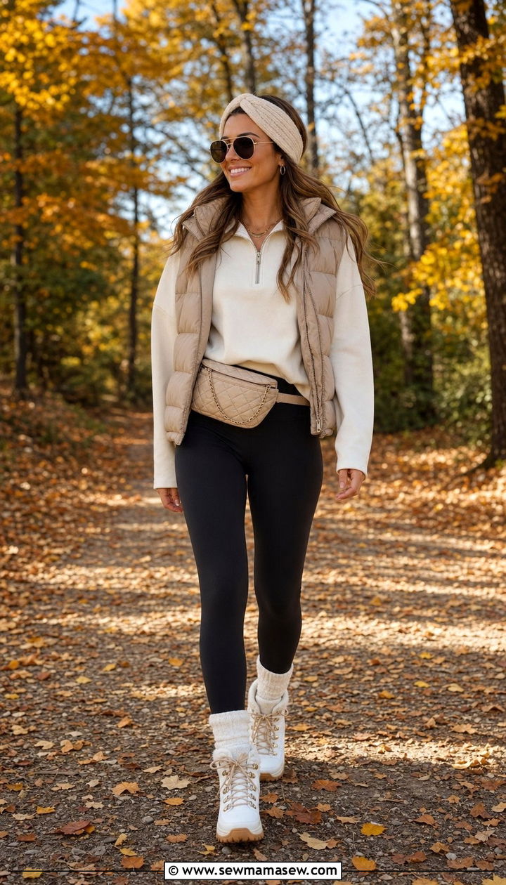 Quarter Zip With Puffer Vest Leggings and Sneakers - 25 Sporty chic outfit ideas walking