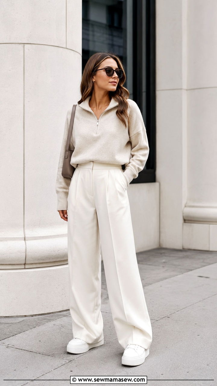 Quarter Zip With Wide Leg Trousers Outfit - 25 Quarter zip outfit ideas preppy