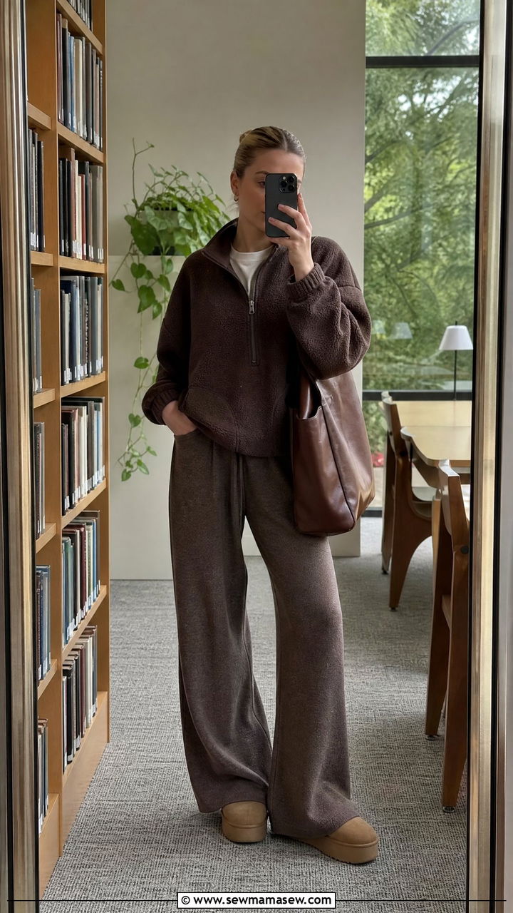 Quarter zip fleece pullover with wide leg trousers and platform clogs - 30 College library outfit ideas