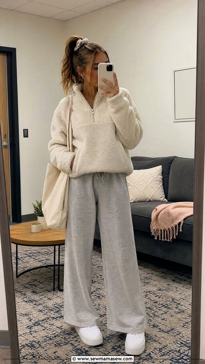 Quarter zip fleece with wide leg sweatpants - 30 College study session outfit ideas