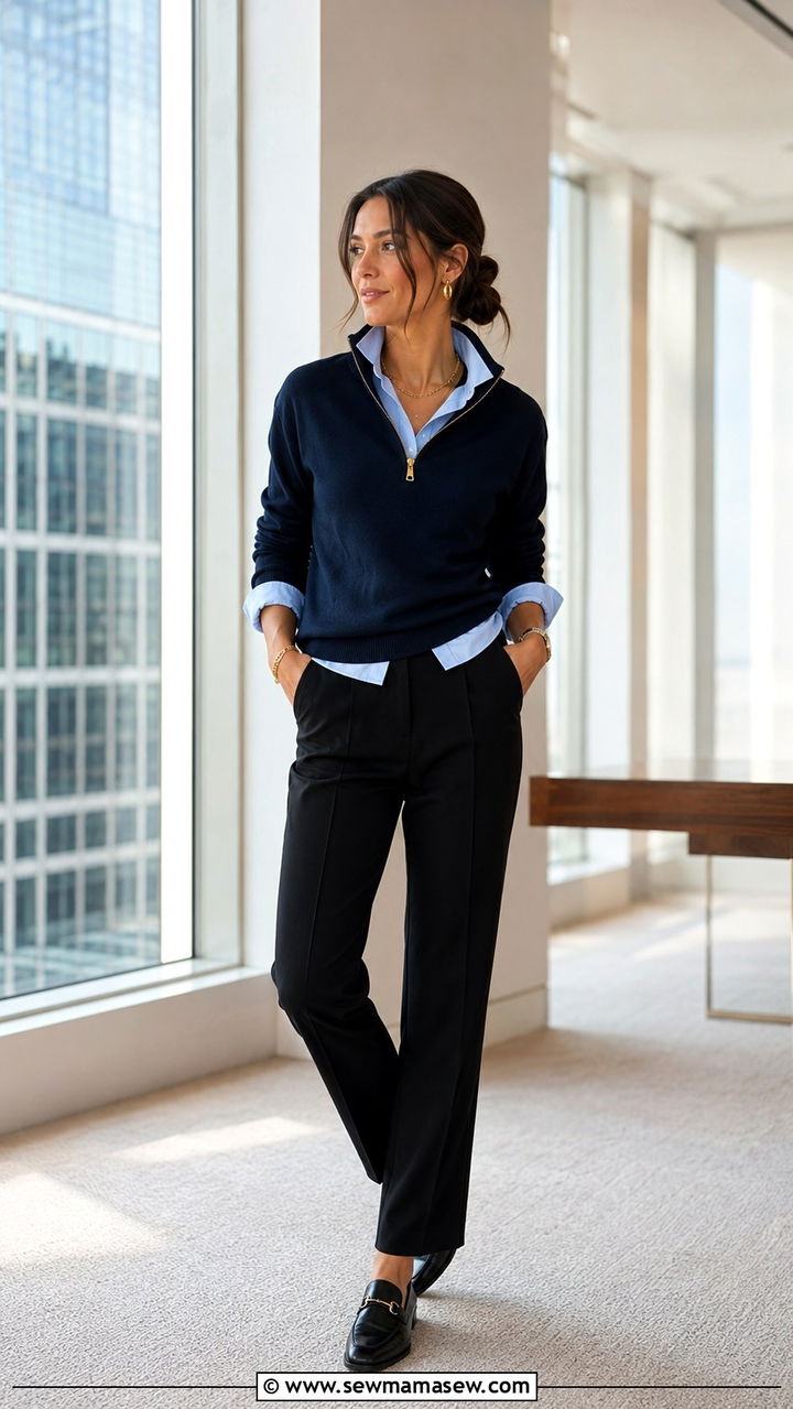 Quarter zip layered over an Oxford shirt with trousers - 30 Quarter zip outfit ideas