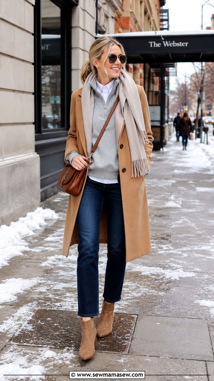 Quarter zip layered under a wool coat with straight jeans - 30 Quarter zip outfit ideas