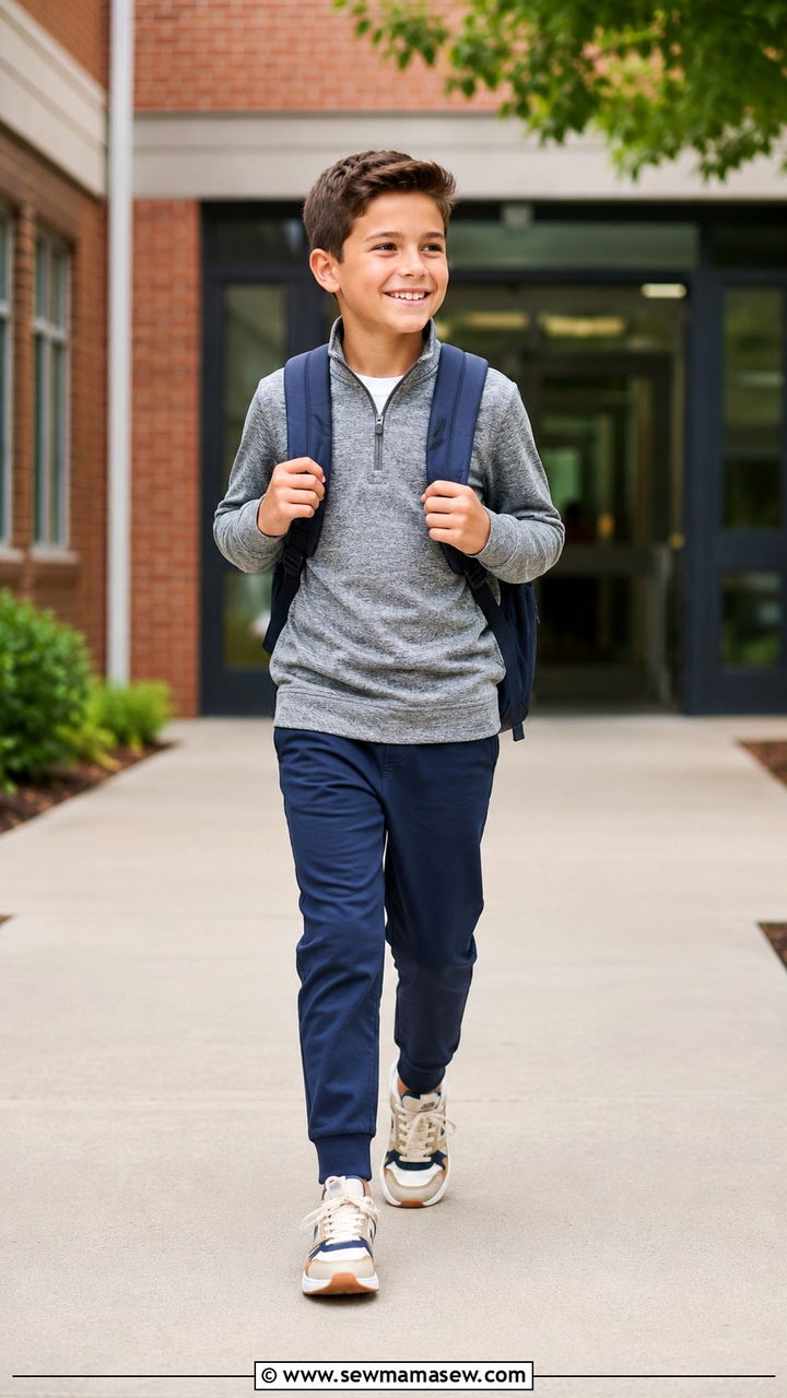 Quarter zip pullover and chino joggers outfit - 30 Kids back to school outfit ideas