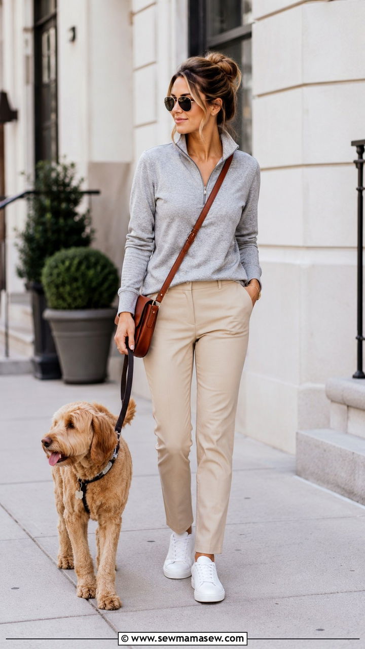 Quarter zip pullover and woven pants smart casual dog trainer outfit - 30 Dog trainer outfit ideas