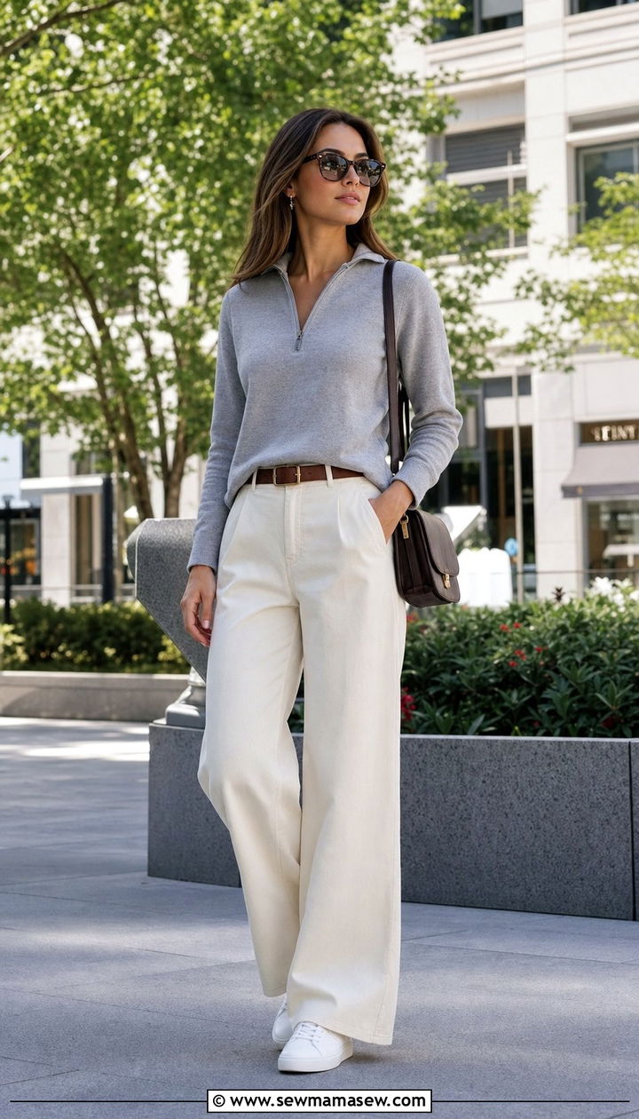 Quarter zip pullover with wide leg trousers - 25 spring mode sportif outfit ideas