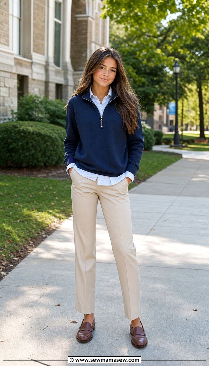 Quarter zip sweater with tailored trousers outfit - 35 Back to school outfits for teens