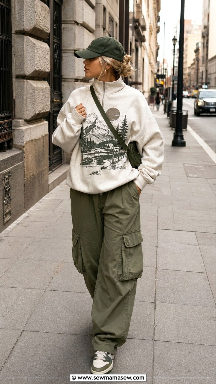 Quarter zip with cargo pants and retro sneakers - 30 Quarter zip outfit ideas