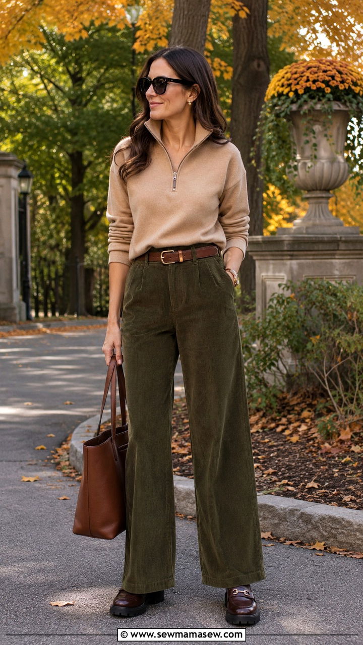 Quarter zip with corduroy pants and lug sole loafers - 30 Quarter zip outfit ideas