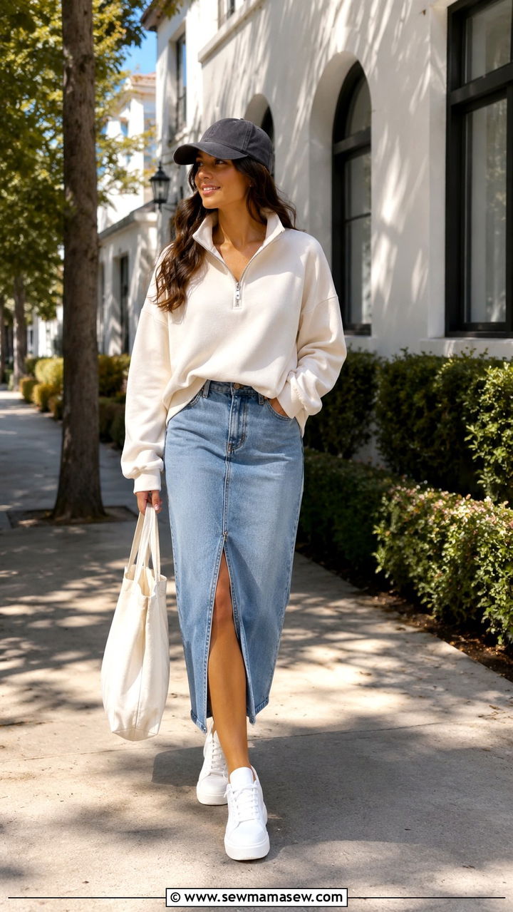 Quarter zip with denim midi skirt and white sneakers - 30 Quarter zip outfit ideas