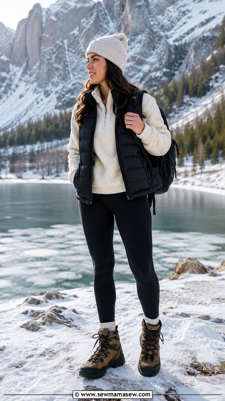 Quarter zip with leggings and a puffer vest - 30 Quarter zip outfit ideas
