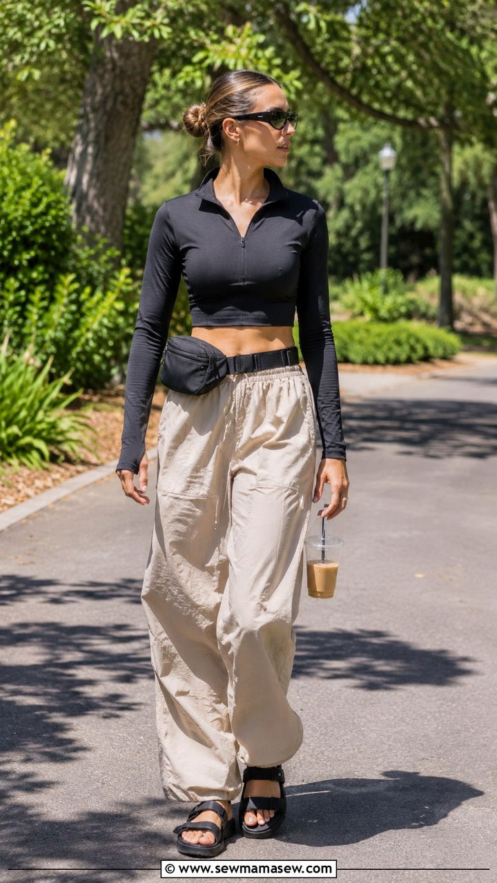 Quarter zip with parachute pants and sporty sandals - 30 Quarter zip outfit ideas