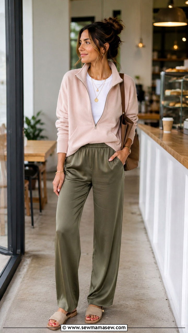 Quarter zip with satin pants and slide sandals - 30 Quarter zip outfit ideas