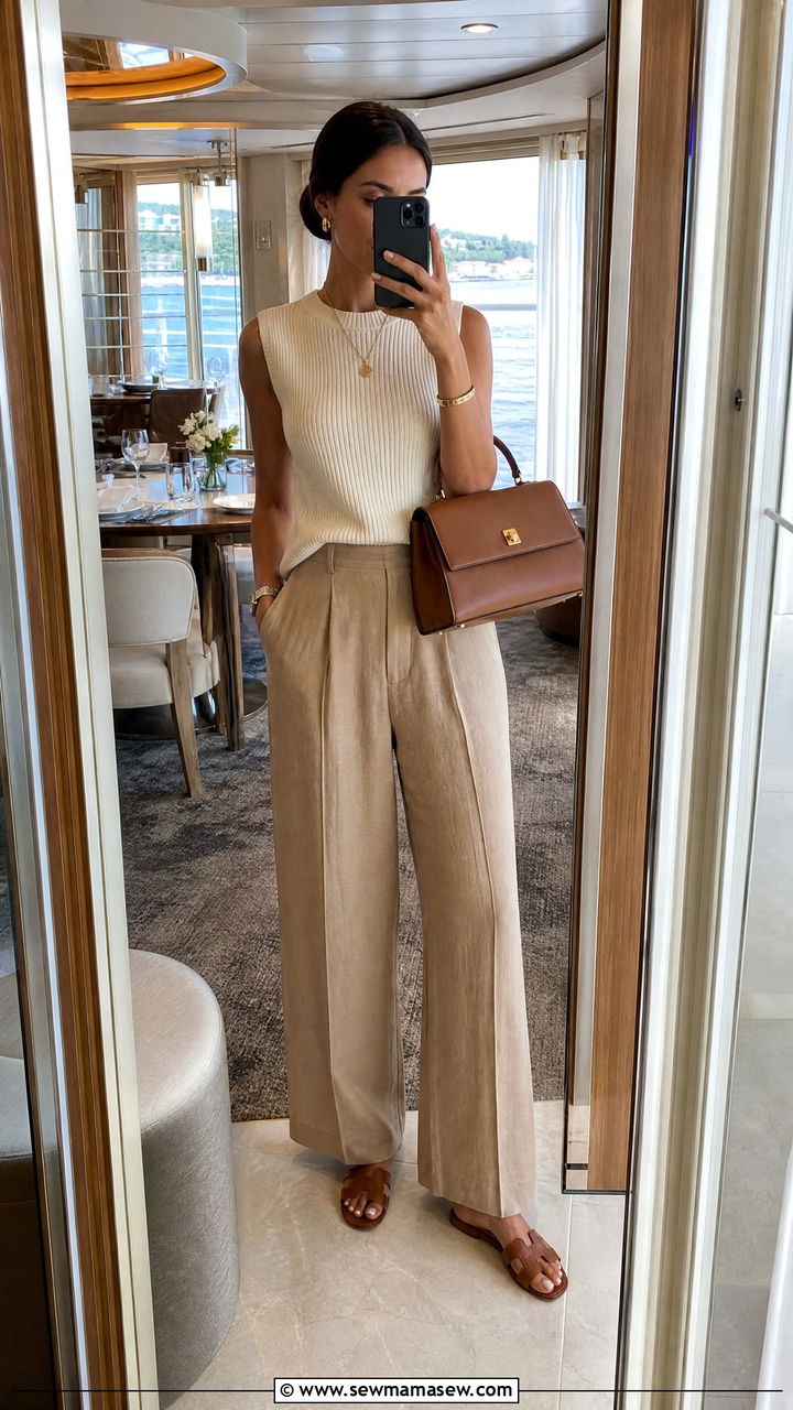 Quiet luxury basics in camel and cream - 25 Celebrity cruise outfit ideas