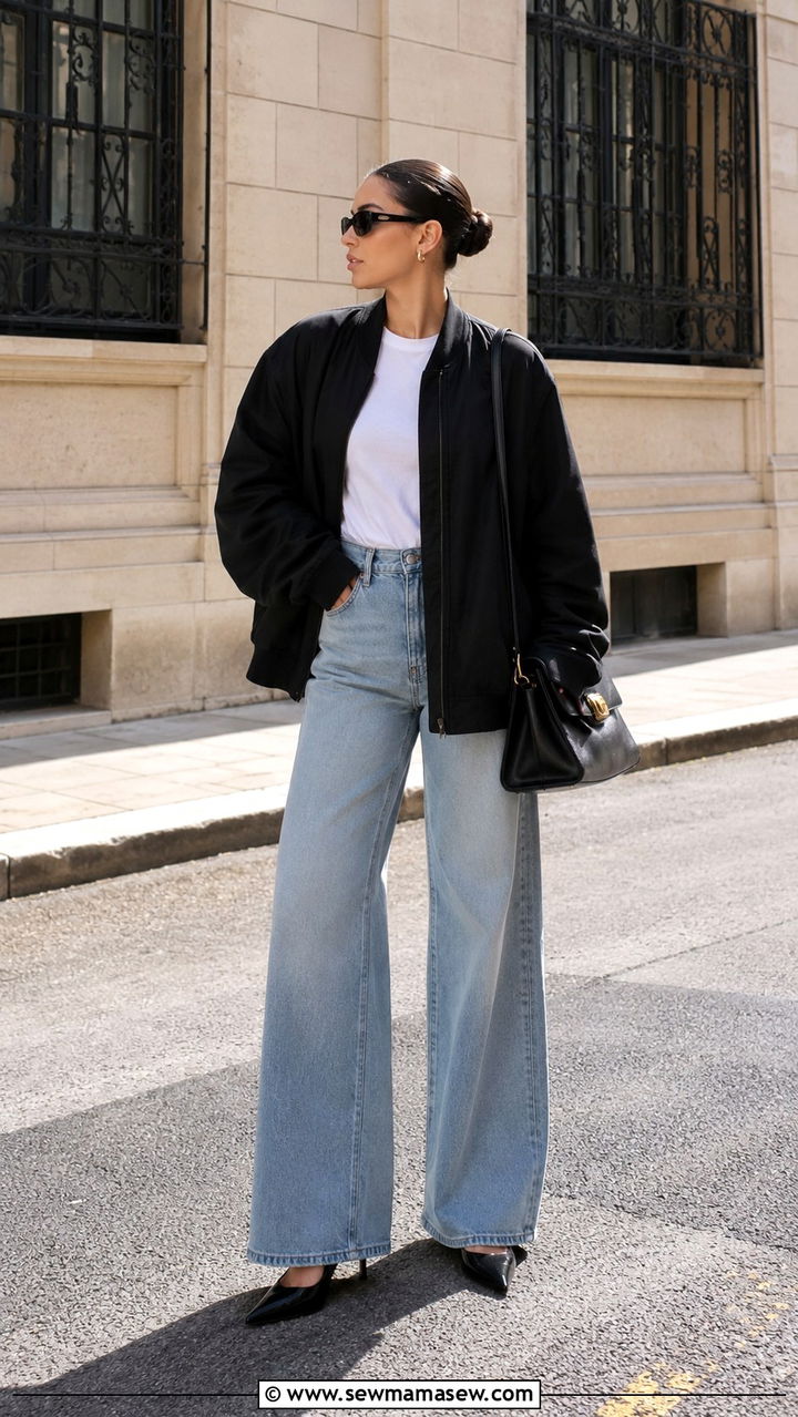 Quiet luxury bomber jacket and wide leg jeans outfit - 20 Quiet luxury outfit ideas Sofia Richie Grainge