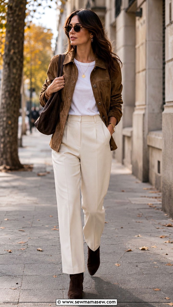 Quiet luxury brown suede jacket ivory trousers outfit - 30 quiet luxury outfits inspo