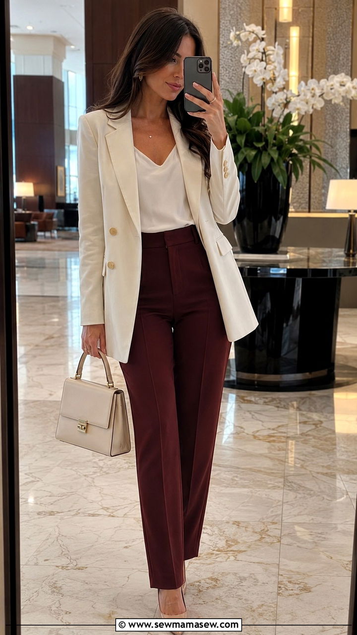 Quiet luxury burgundy trousers cream blazer outfit - 30 quiet luxury outfits inspo