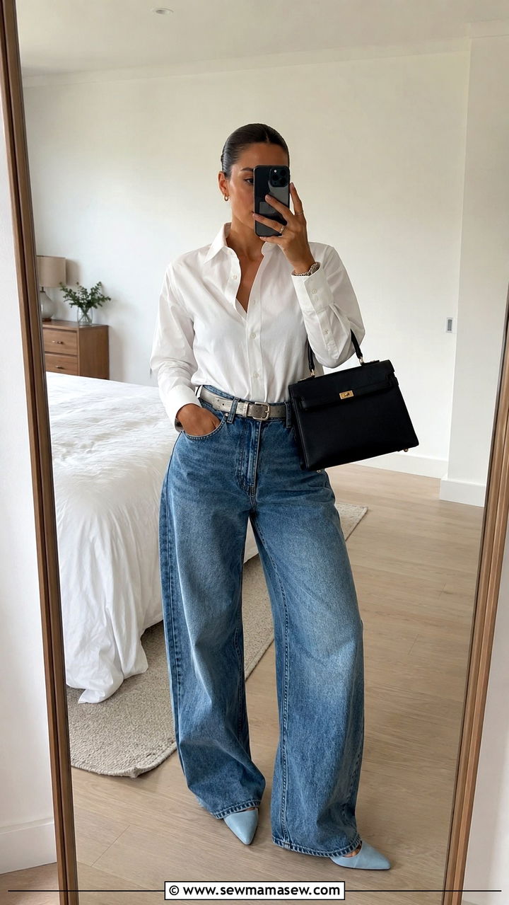 Quiet luxury button down shirt and baggy jeans outfit - 20 Quiet luxury outfit ideas Sofia Richie Grainge
