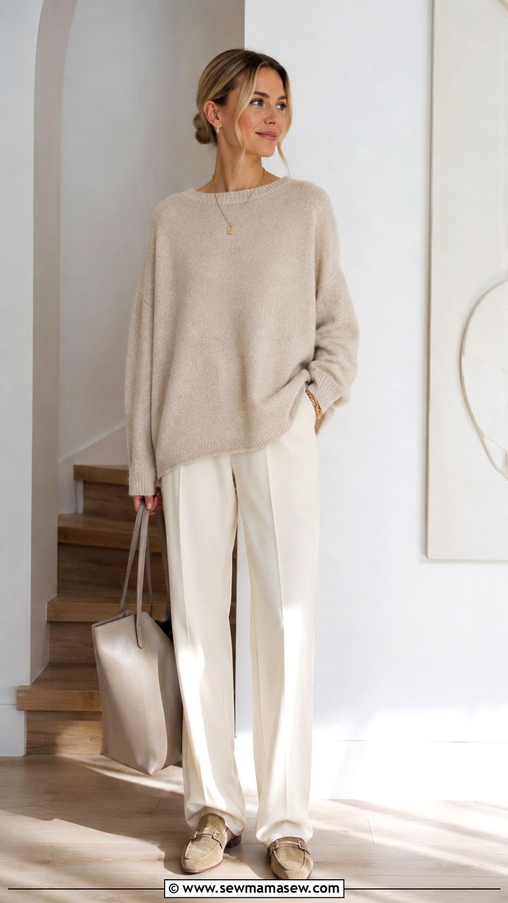 Quiet luxury cashmere sweater and tailored trousers outfit - 20 Quiet luxury outfit ideas Sofia Richie Grainge