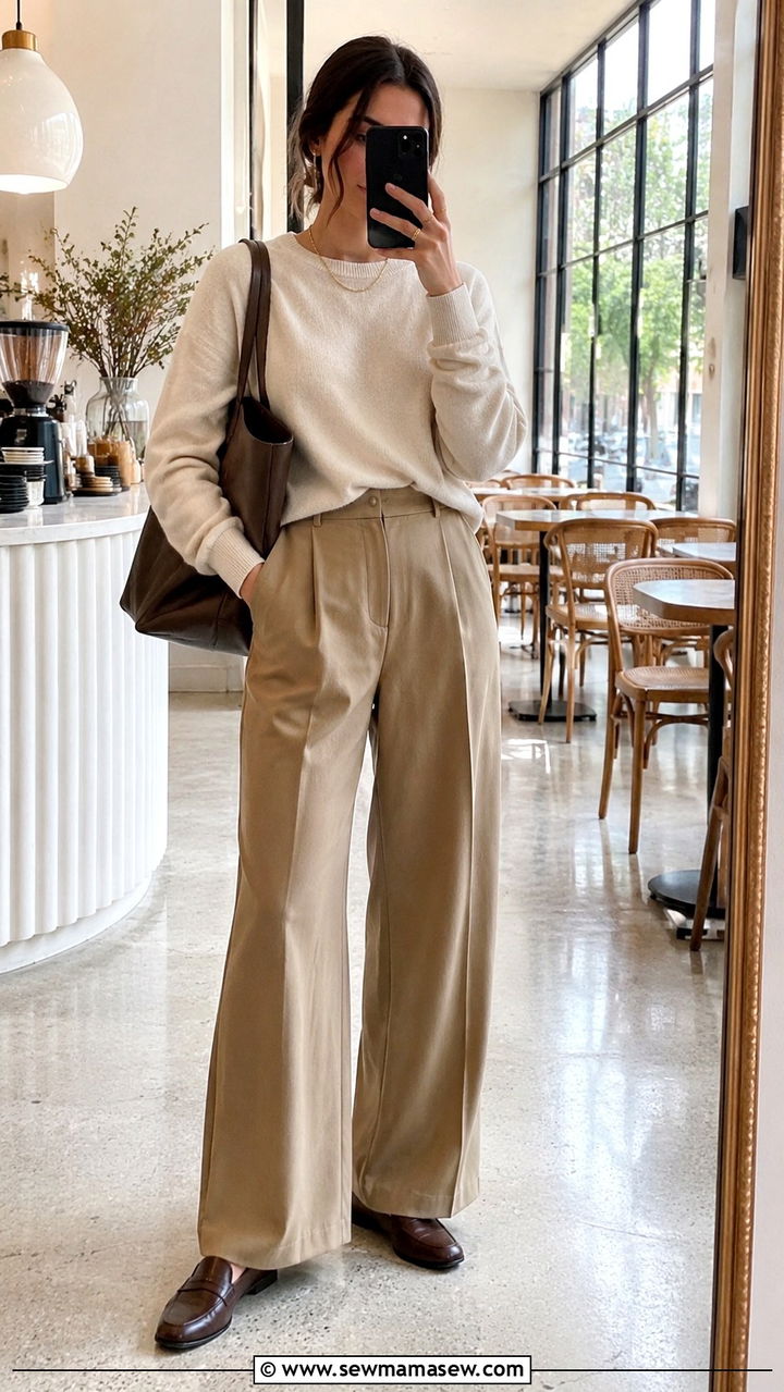 Quiet luxury cashmere sweater wide leg trousers outfit - 30 quiet luxury outfits inspo