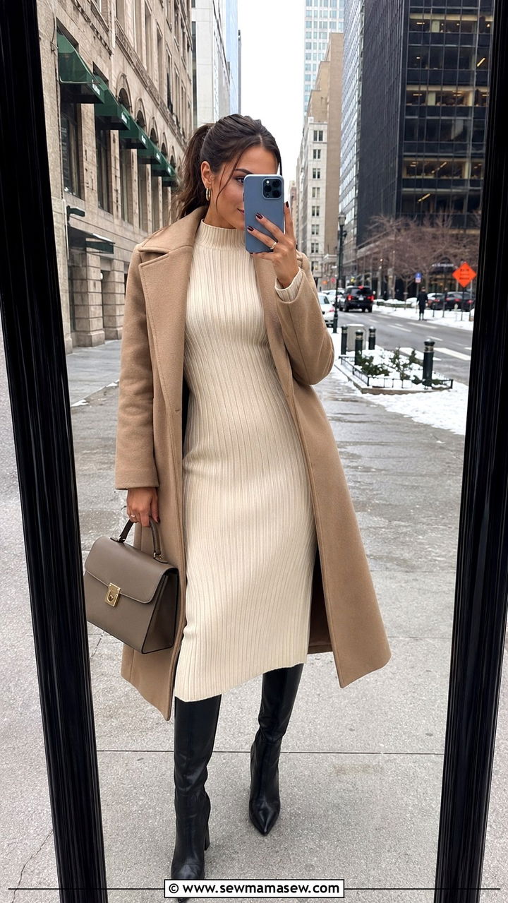 Quiet luxury cream knit dress knee high boots outfit - 30 quiet luxury outfits inspo
