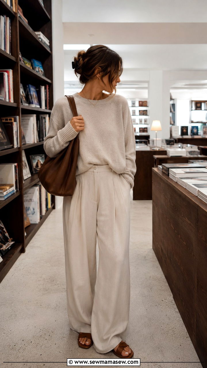 Quiet luxury flowy wide leg pants cashmere sweater outfit - 30 quiet luxury outfits inspo