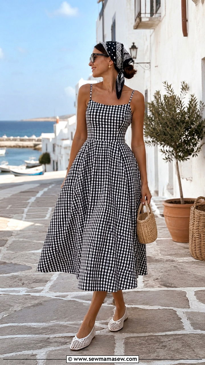 Quiet luxury gingham dress and ballet flats outfit - 20 Quiet luxury outfit ideas Sofia Richie Grainge