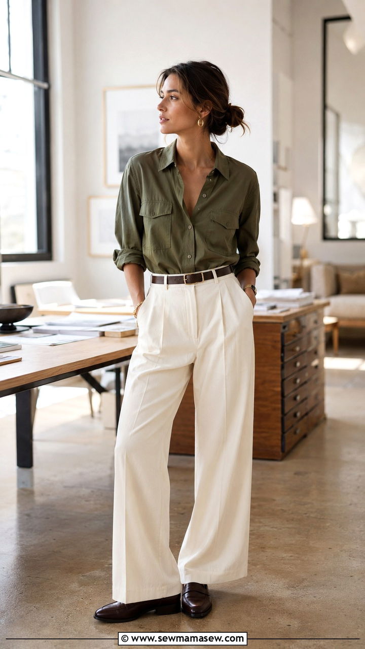 Quiet luxury olive utility shirt cream trousers outfit - 30 quiet luxury outfits inspo