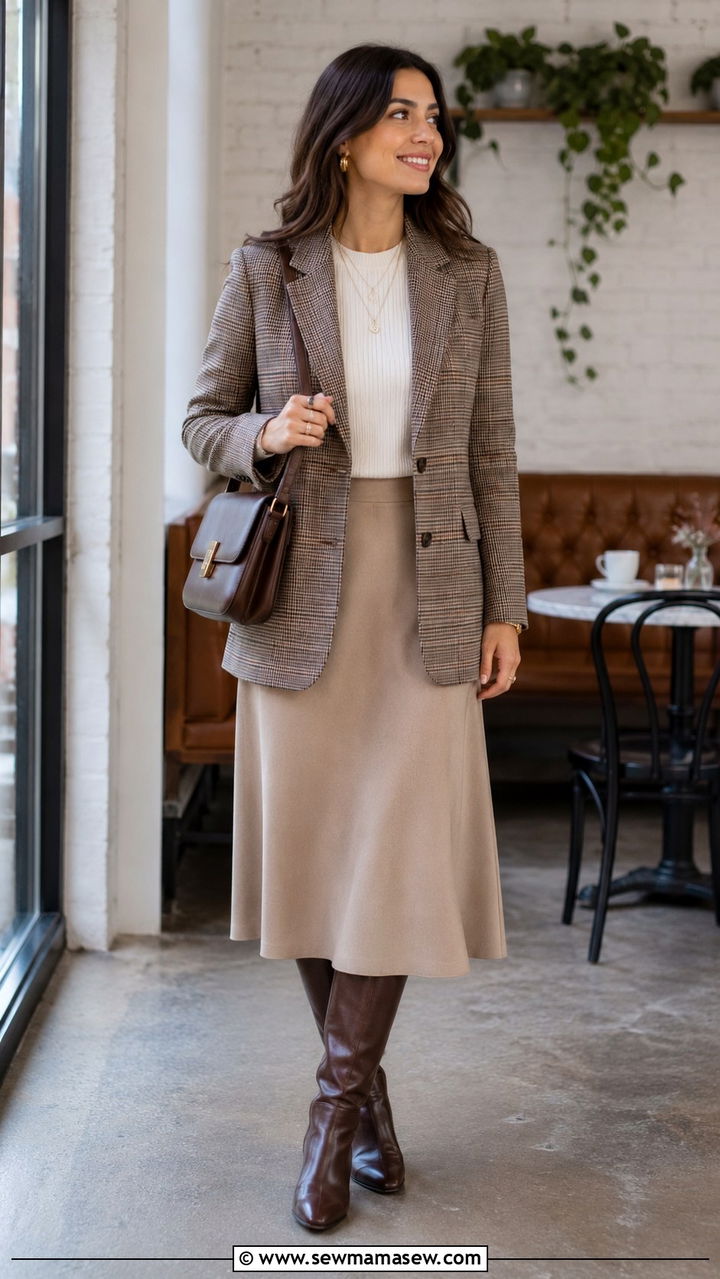 Quiet luxury plaid blazer beige skirt outfit - 30 quiet luxury outfits inspo