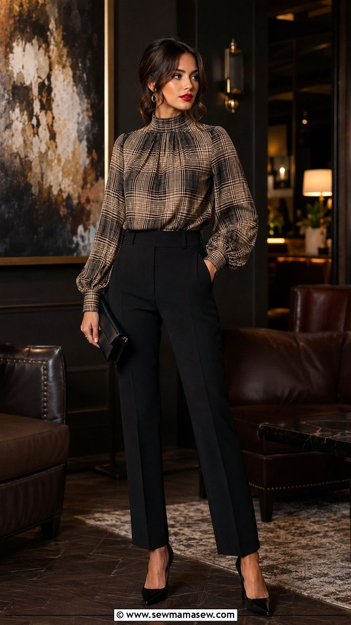 Quiet luxury plaid blouse and black trousers outfit - 20 Quiet luxury outfit ideas Sofia Richie Grainge