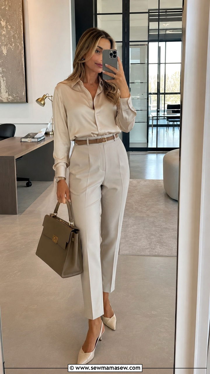 Quiet luxury silk blouse tailored trousers outfit - 30 quiet luxury outfits inspo