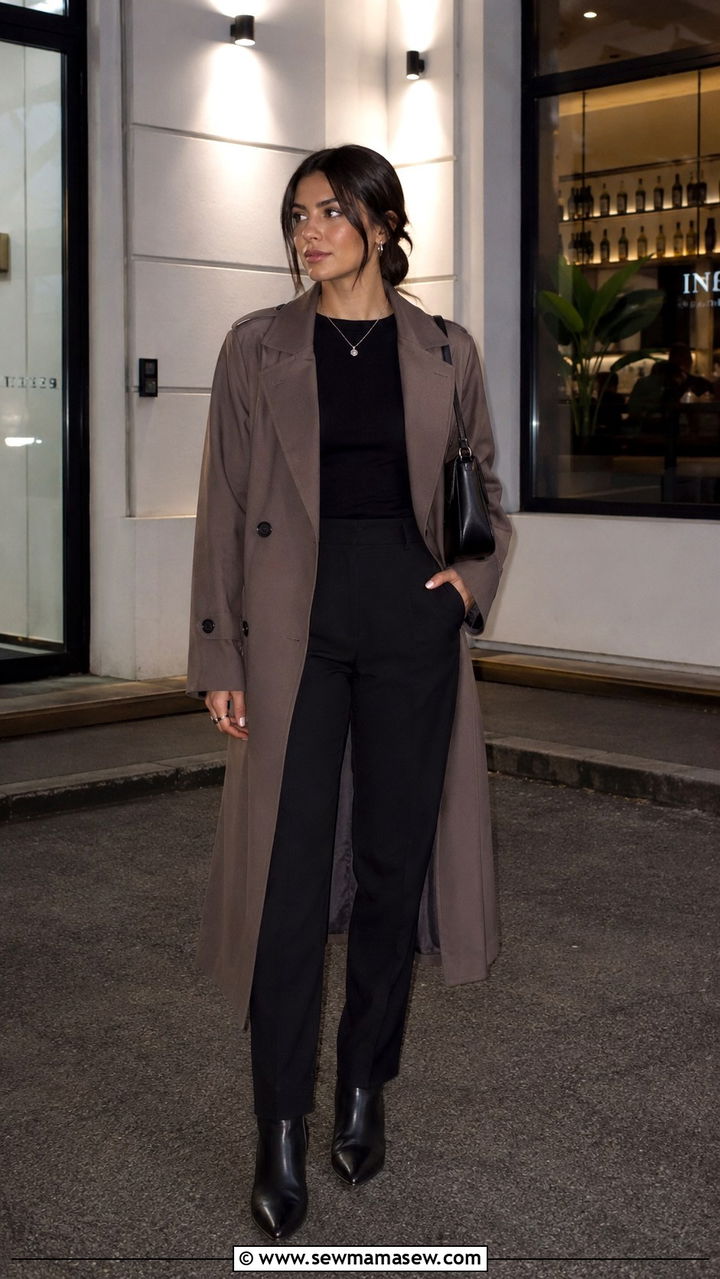 Quiet luxury taupe trench coat all black outfit - 30 quiet luxury outfits inspo