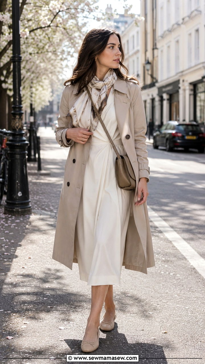 Quiet luxury trench coat midi dress outfit - 30 quiet luxury outfits inspo