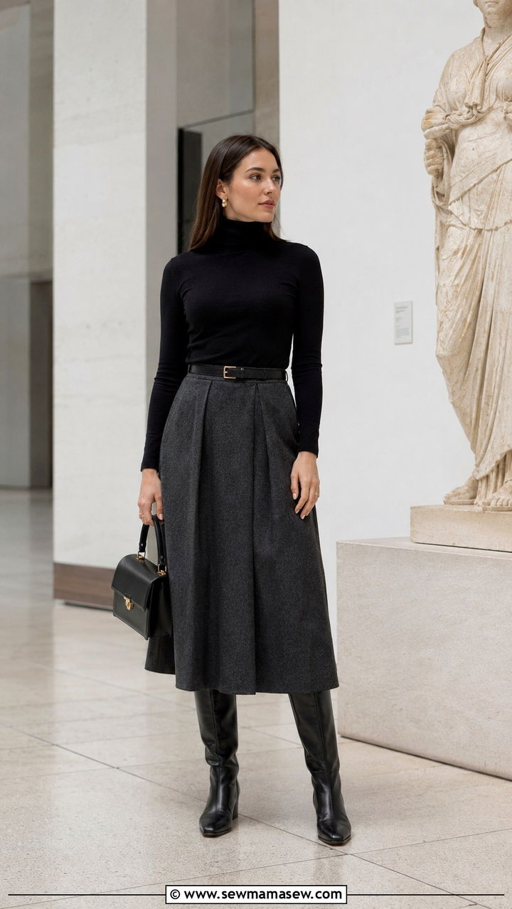 Quiet luxury wool skirt turtleneck outfit - 30 quiet luxury outfits inspo