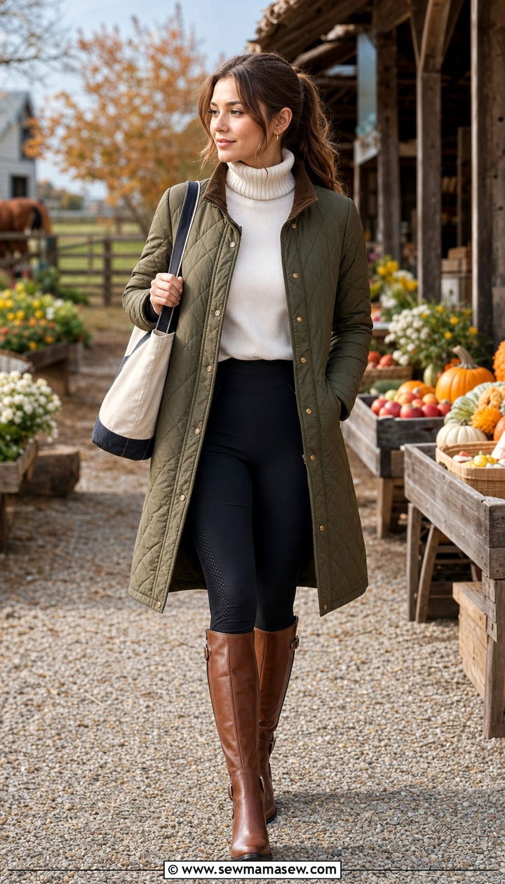 Quilted Barn Coat With Black Leggings Outfit - 25 Sporty chic outfit ideas equestrian
