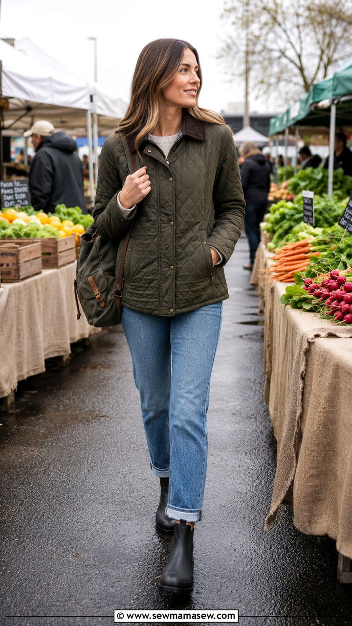 Quilted Barn Jacket With Boyfriend Jeans And Chelsea Rain Boots - 30 Rainy day travel outfit ideas