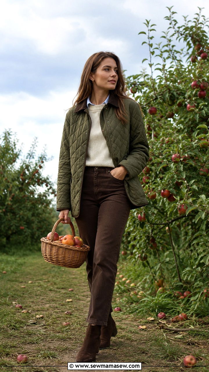 Quilted Barn Jacket With Cashmere Sweater And Brown Jeans - 25 Old money outfit ideas with barn jacket