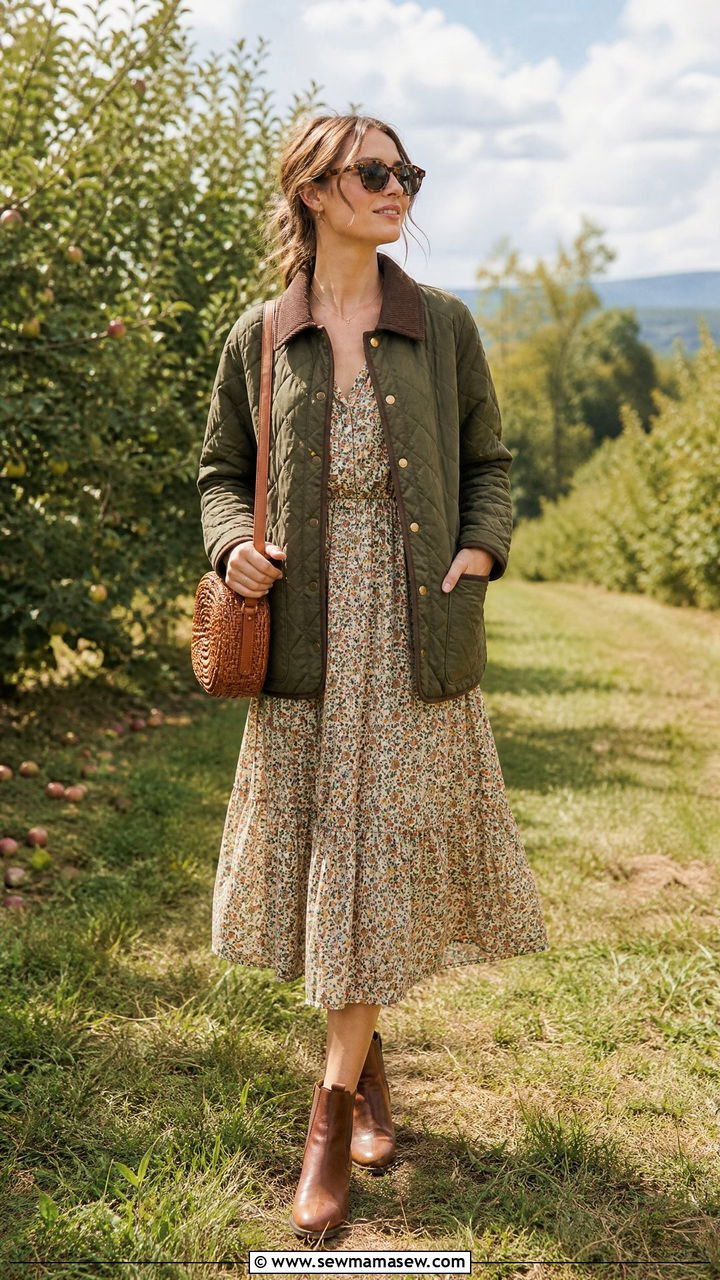 Quilted Barn Jacket With Floral Midi Dress And Ankle Boots - 25 jacket outfits aesthetic