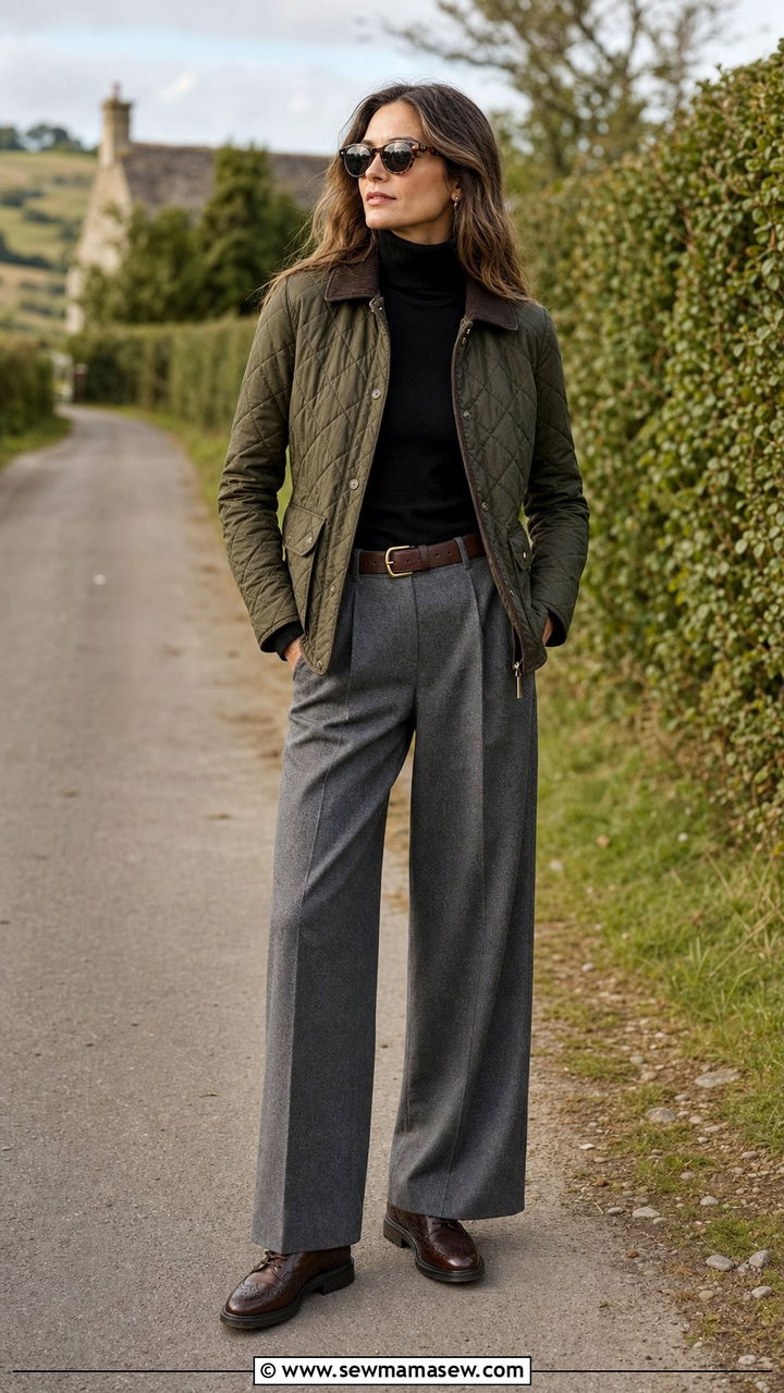 Quilted Barn Jacket With Turtleneck and Wide Leg Wool Trousers - 25 Eclectic grandpa outfit ideas