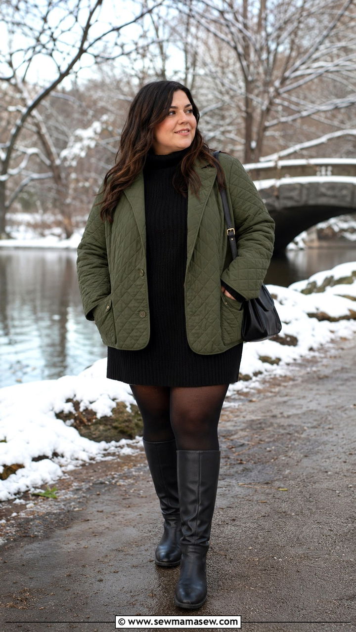 Quilted Blazer With A Sweater Dress And Knee High Boots - 30 Plus size outfit ideas with blazer