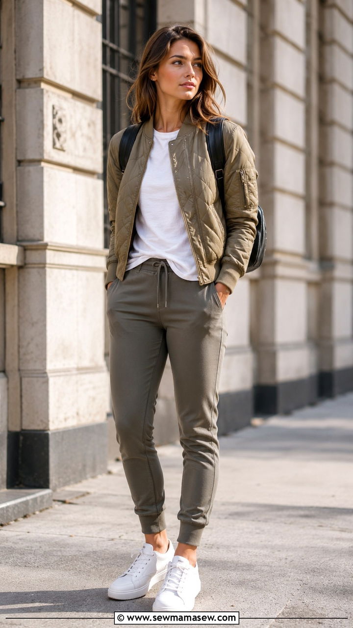 Quilted Bomber Jacket With Joggers - 30 spring bomber jacket outfit ideas