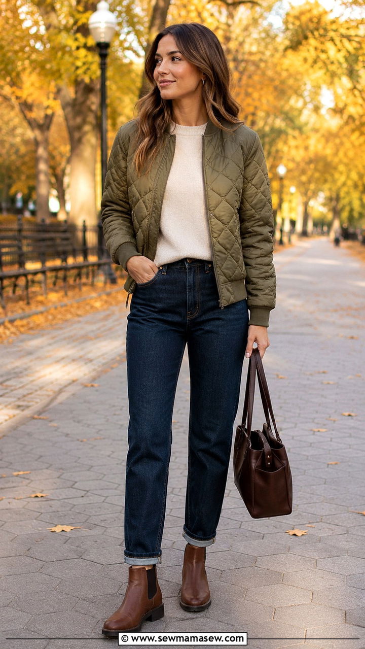 Quilted Bomber Jacket With Sweater And Jeans - 25 bomber jacket outfits for women over 40